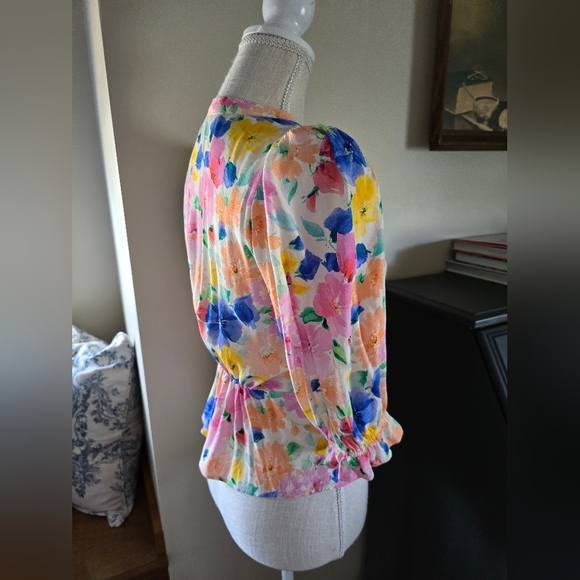 Zara women's sz. XS floral watercolors blouse Puff Shoulder peplum top - Picture 4 of 8